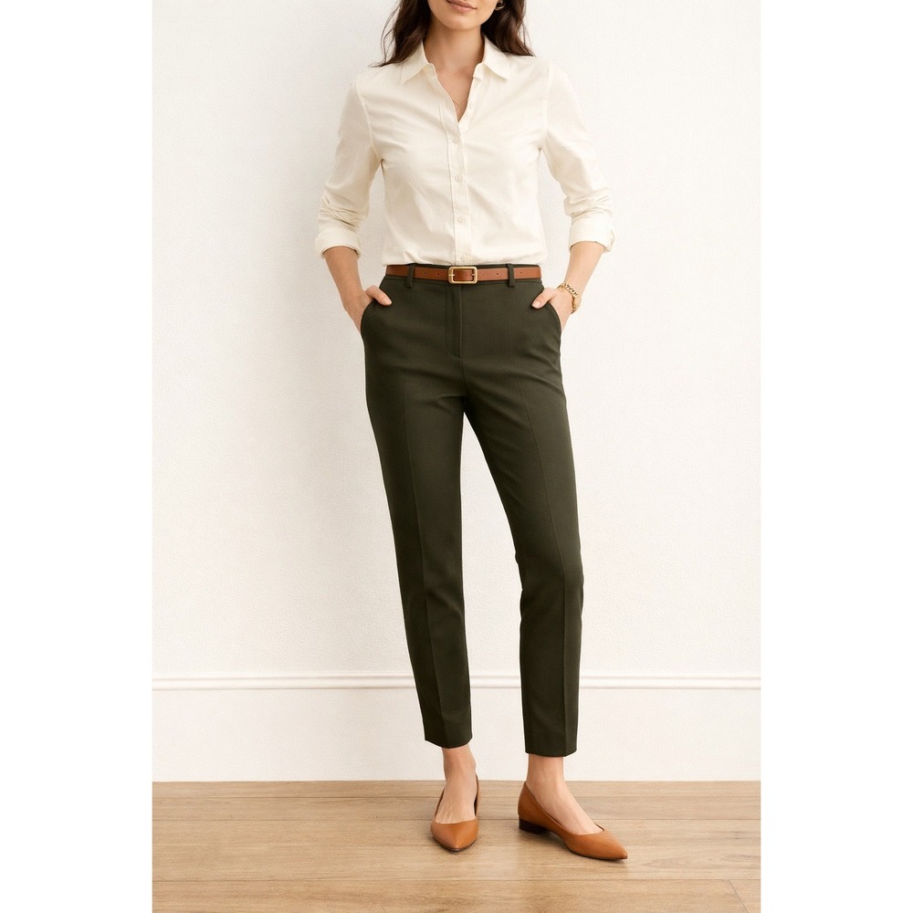 J. Crew Women's Minnie Pant Bi-Stretch Wool Slim Fit Side Zip Olive Green- 6